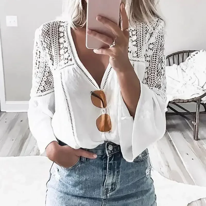 

Cotton Rayon White lace blouses Women Top vintage V Neck Flare Sleeve Hollow Out Summer blouse shirt Casual boho Beach blusas