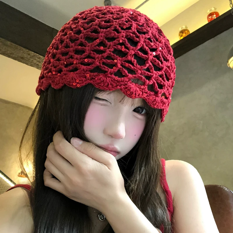Retro Red Hollow Out Sequins Knit Pullover Hats for Women Spring Summer Travel Breathable Versatile Atmosphere Literary Beanies