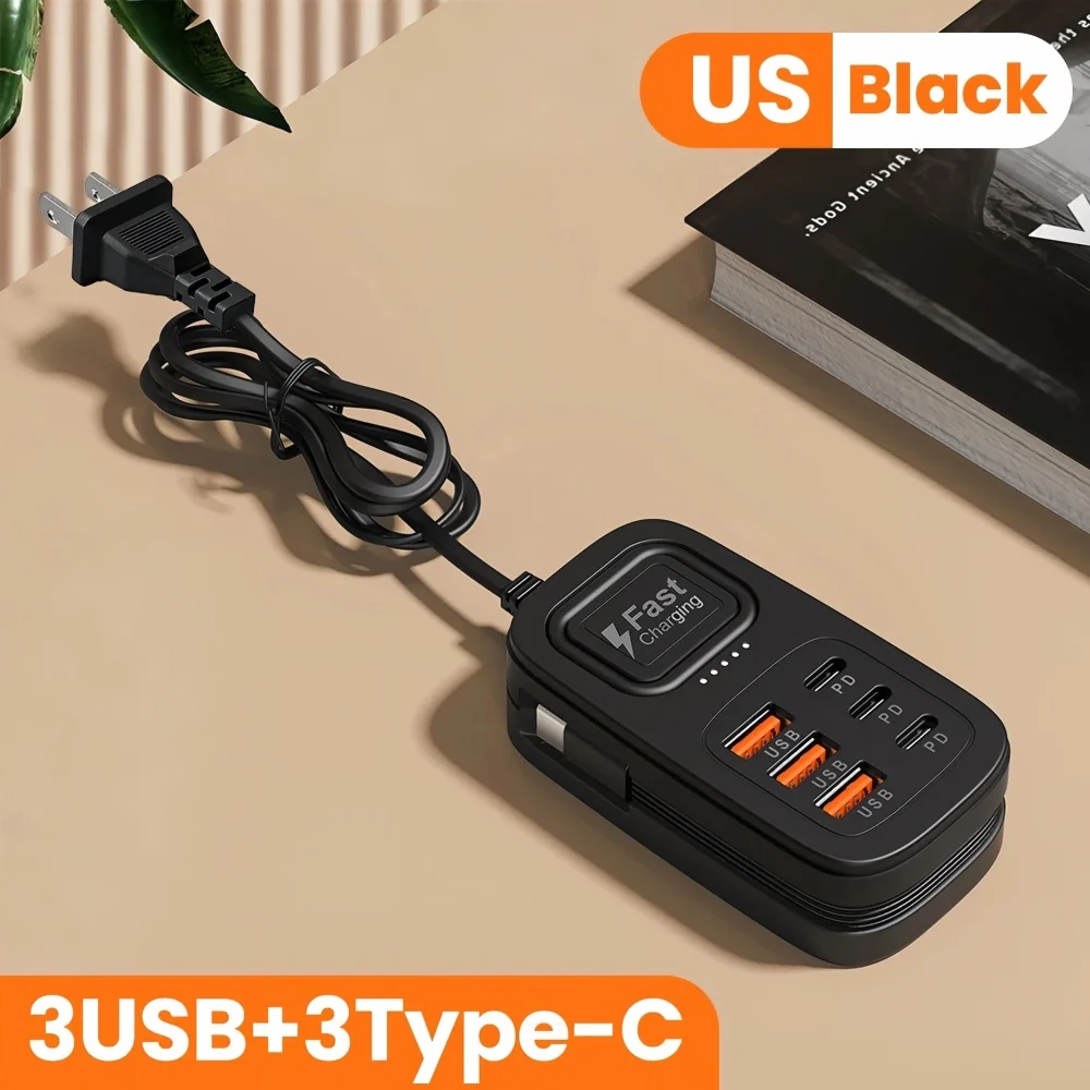 6-in-1-Schnellladestation, Multi-Port-USB-Typ-C-Desktop-Ladegerät, Steckdose, Ladeadapter für mehrere Geräte, EU-, US- und UK-Stecker