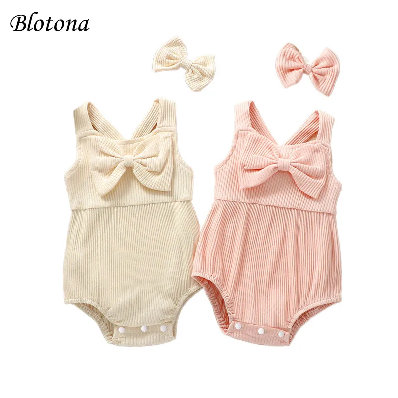 

Blotona Baby Girl Jumpsuit Set Summer Solid Color Ribbed Sleeveless Bow Suspender Rompers and Stretch Headband 0-24Months