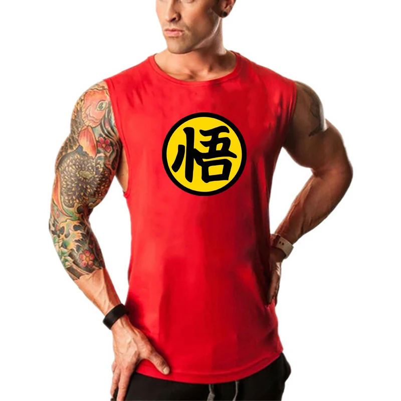 Japanese Anime Logo Wu Font Funny Gym Clothing Mens Sports Tank Tops Fitness Vest Bodybuilding Sleeveless Shirt Muscle Singlets