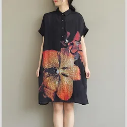 Vintage Fashion Summer Cotton Hemp Women's POLO Collar Printing Button Elegant Casual Loose Short Sleeve Mid-length Shirt Dress