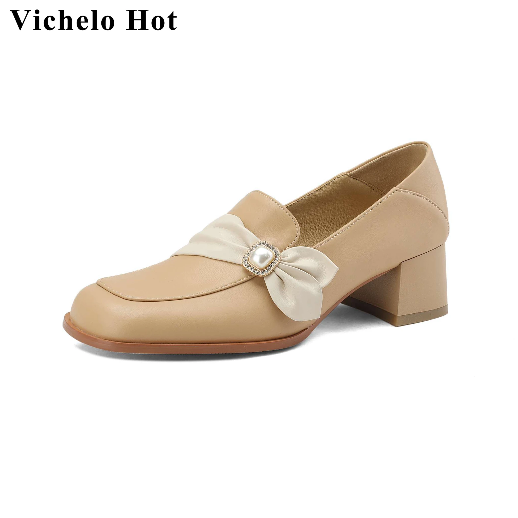 

Vichelo Hot Fashion Cow Leather Square Toe Med Heels Spring Autumn Shoes Slip On Loafers Crystal Party Dress Elegant Women Pumps