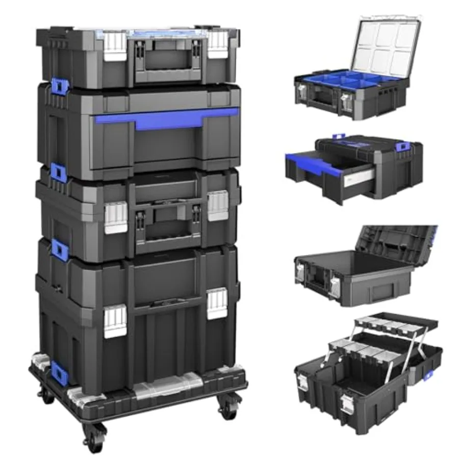 5 Tier Stackable Tool Box with Wheels for Garage Use, Steel Construction, Black Finish, Heavy-Duty Rolling Organizer