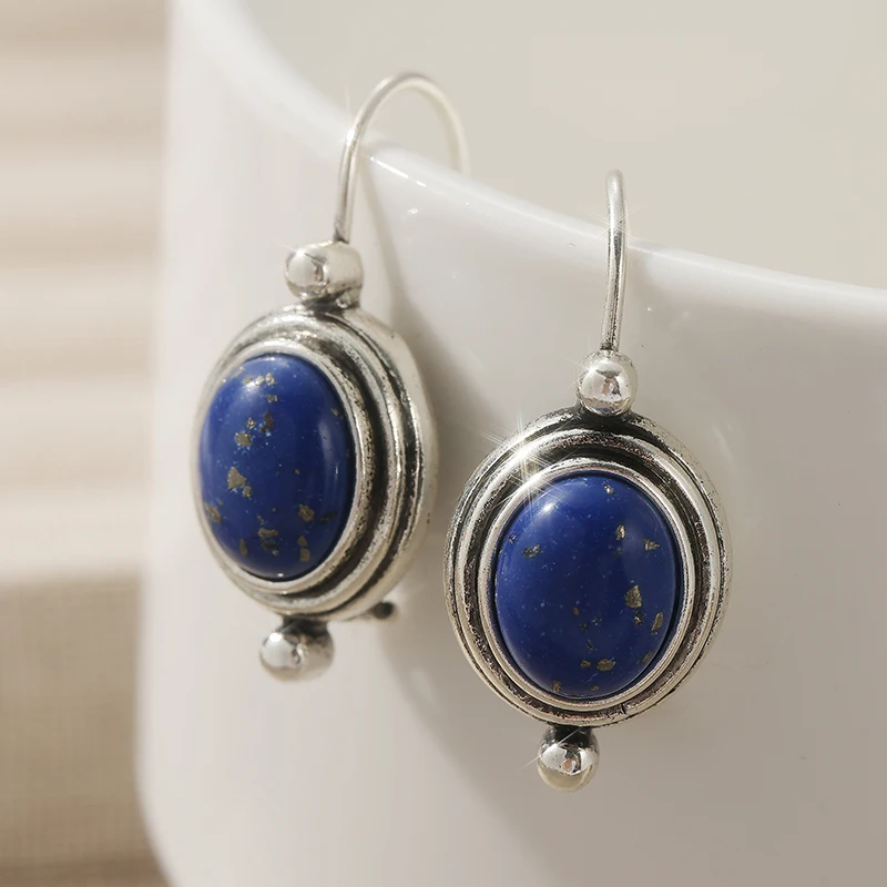 Ethnic Silver Color Imitation Lapis Lazuli Dangle Earrings Woman Carving Oval Party Daily Wear