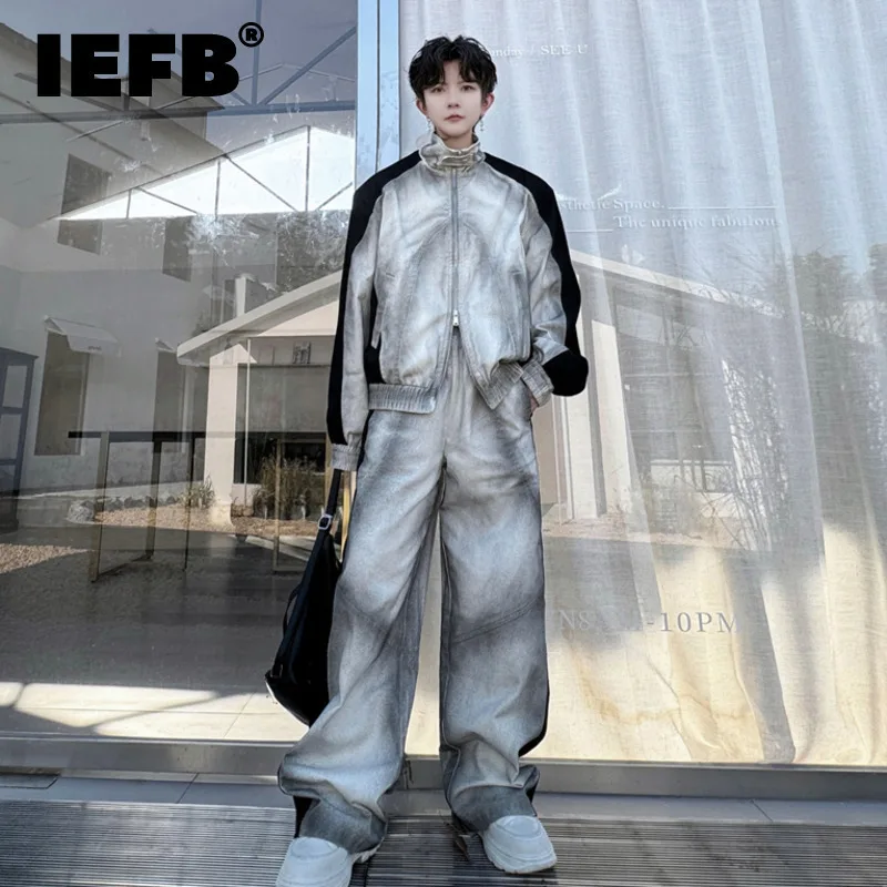 IEFB New Autumn Men\'s Two-piece Paint Spraying Contrast Color Stand Collar Jackets Drawstring Wide Leg Trousers Tide Sets 9C7495