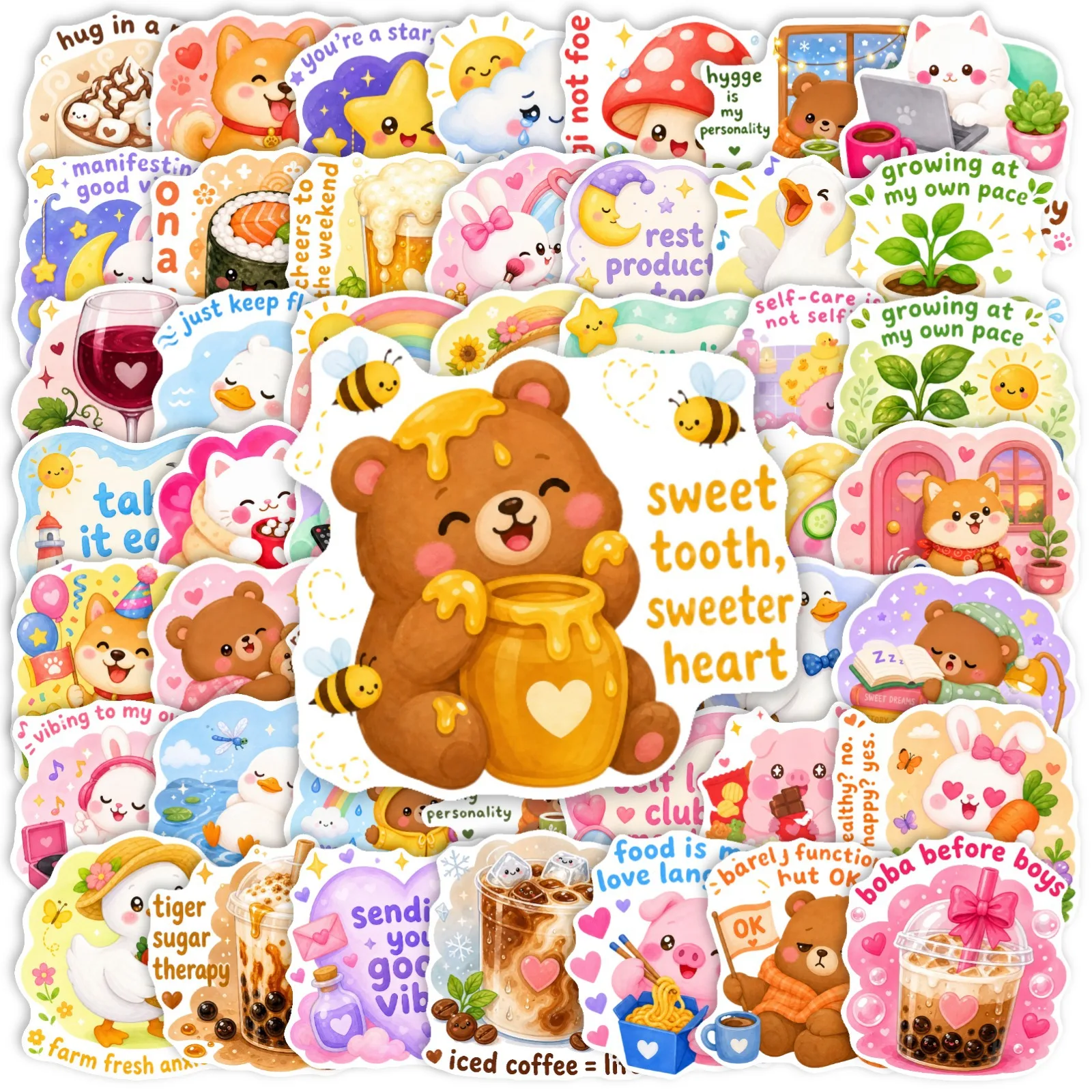 50 Pcs Soft Healing Cartoon Stickers English Inspirational Quote Positive Waterproof Vinyl Decals for Journal Laptop Phone Case
