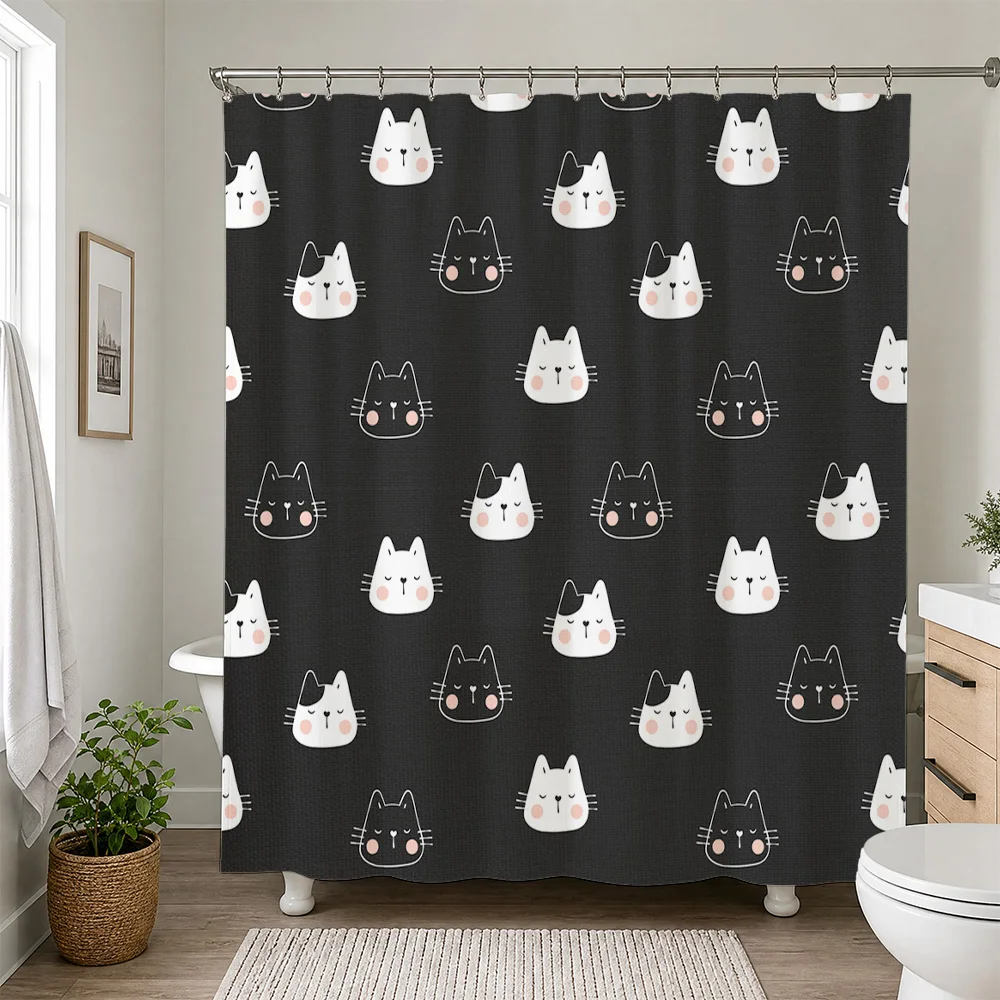 Cute Cat Print Waterproof Shower Curtain Black Background Cartoon Kitten Design Bathroom Home Decor Accent Waterproof Shower Cur