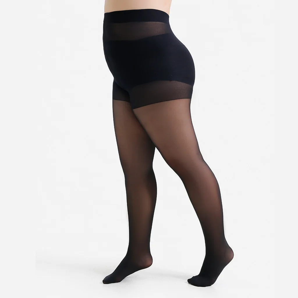 Damen Übergröße 4XL 20 Denier Schwarze Strumpfhose mit Sternenmuster auf der Rückseite Transparente Strumpfhose mit Formgebendem Bund – Detail 3