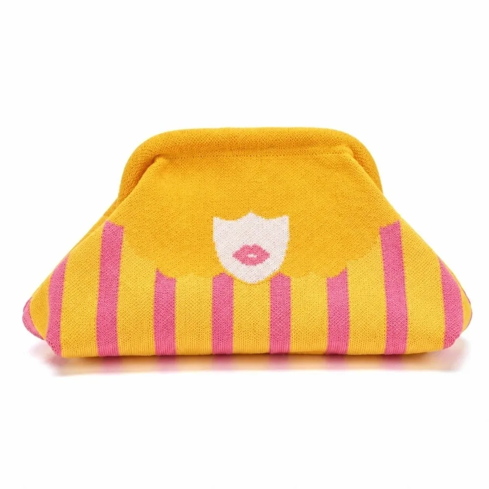 Washable Knitted Clutch Bag Color-Blocking Polka Dots Striped Cosmetic Handbag Unique Lightweight Lip Printed Evening Bag Women