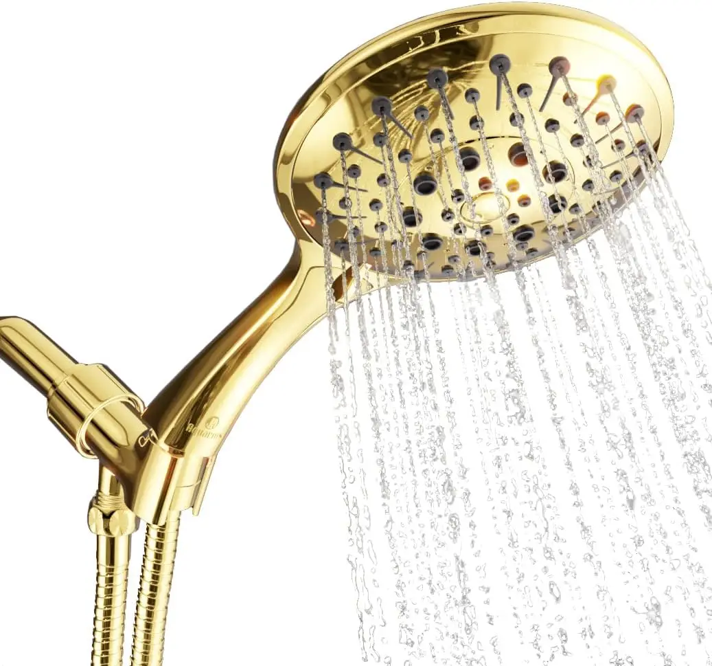 

Gold Shower Head with Handheld Sprayer, 6 Settings High Pressure Brass Kit, Extra Long Hose & Adjustable Bracket