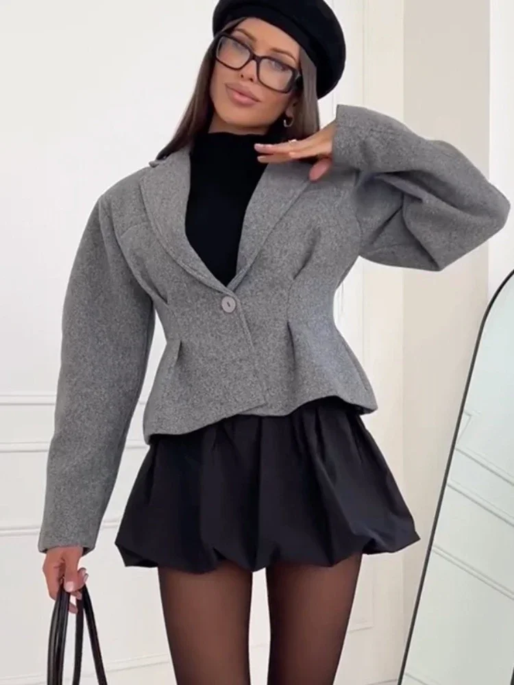 

Elegant Suit Collar Wool Blazer For Women Single-Button Long Sleeves Slim Tapered Waist Commute Coat Female Wool Outwear