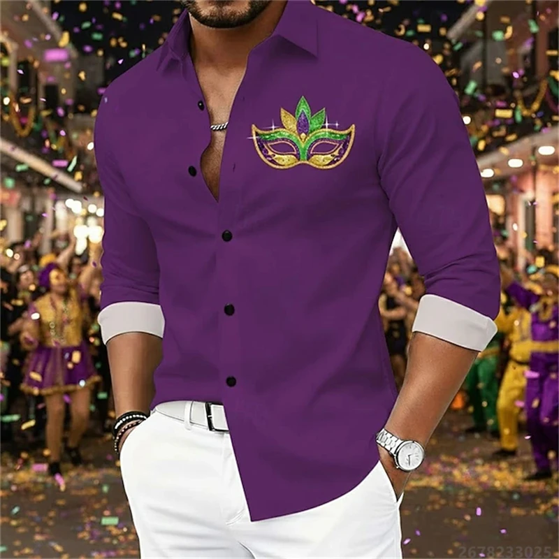 Carnival Mask Print Long-Sleeve Shirt for Men, Black Casual Turn-Down Collar and Color-Blocked Party Style Versatile Top