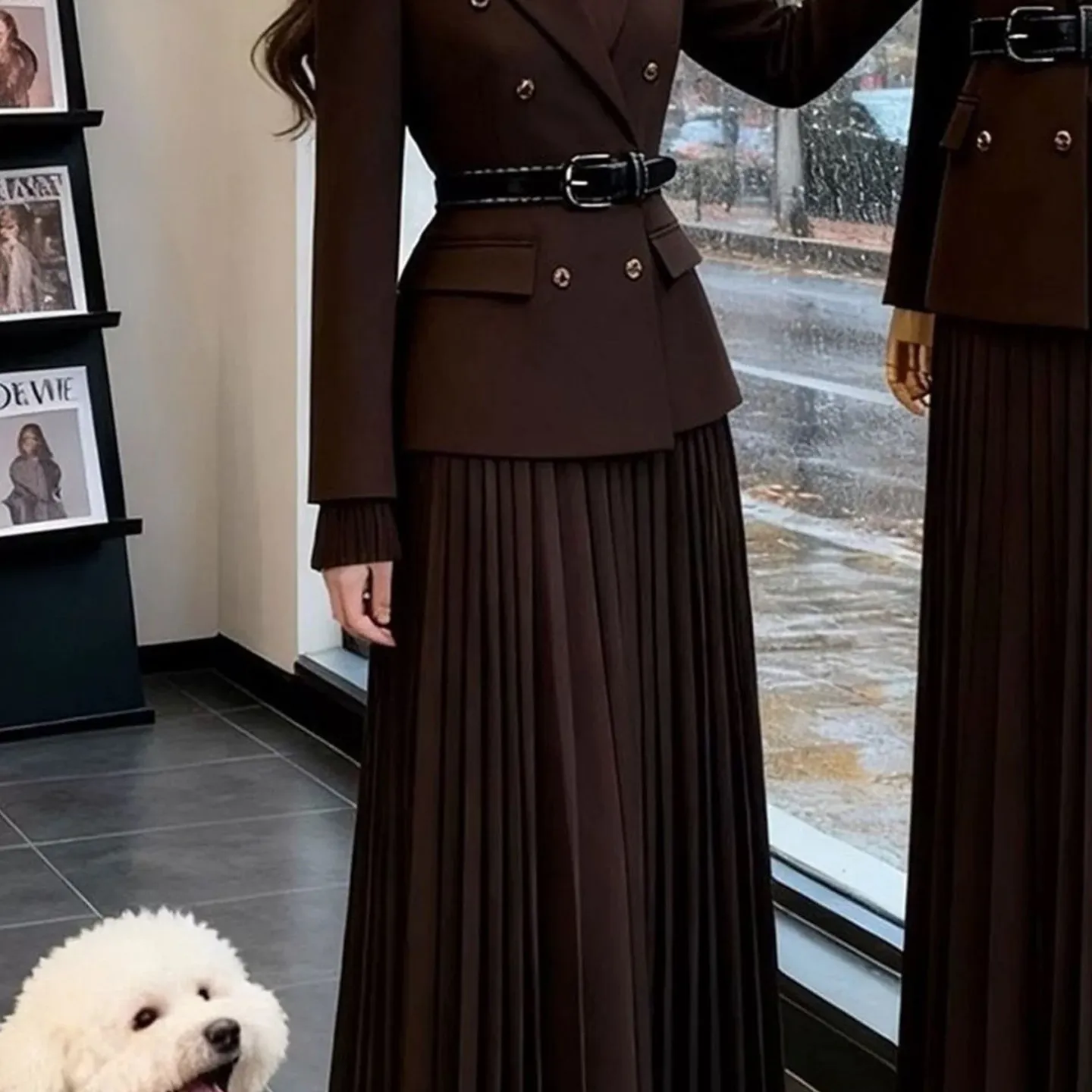 Women Brown Two Piece Suit Set 2026 New Double Breasted Blazer Pleated Maxi Skirt Belted Office Outfit Lady two-piece dress suit
