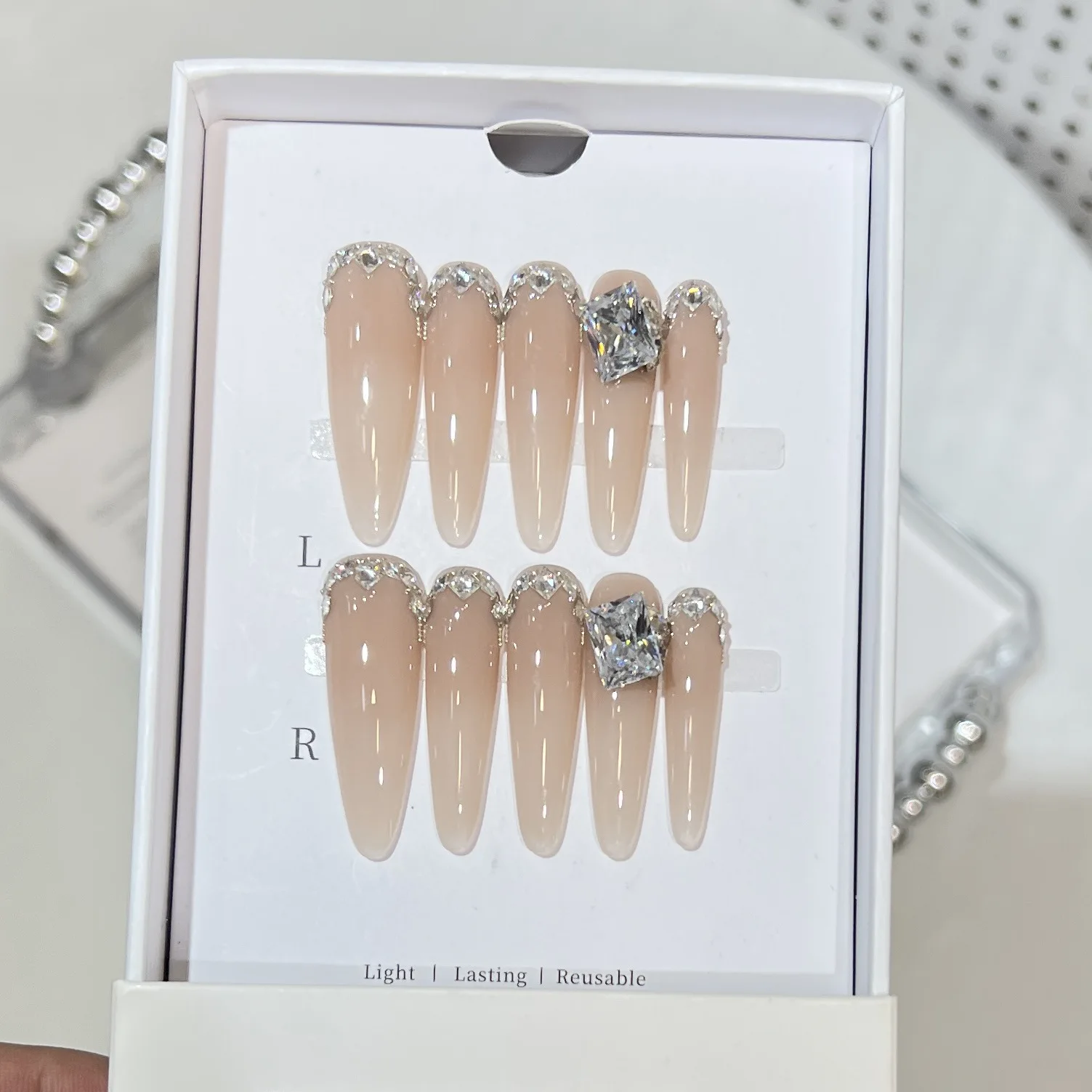 10pcs Handmade Long Stiletto Press On Nails Nude Color Rhinestone Design Sweet Fake Nails Wearable Nails Art Tips For Girls
