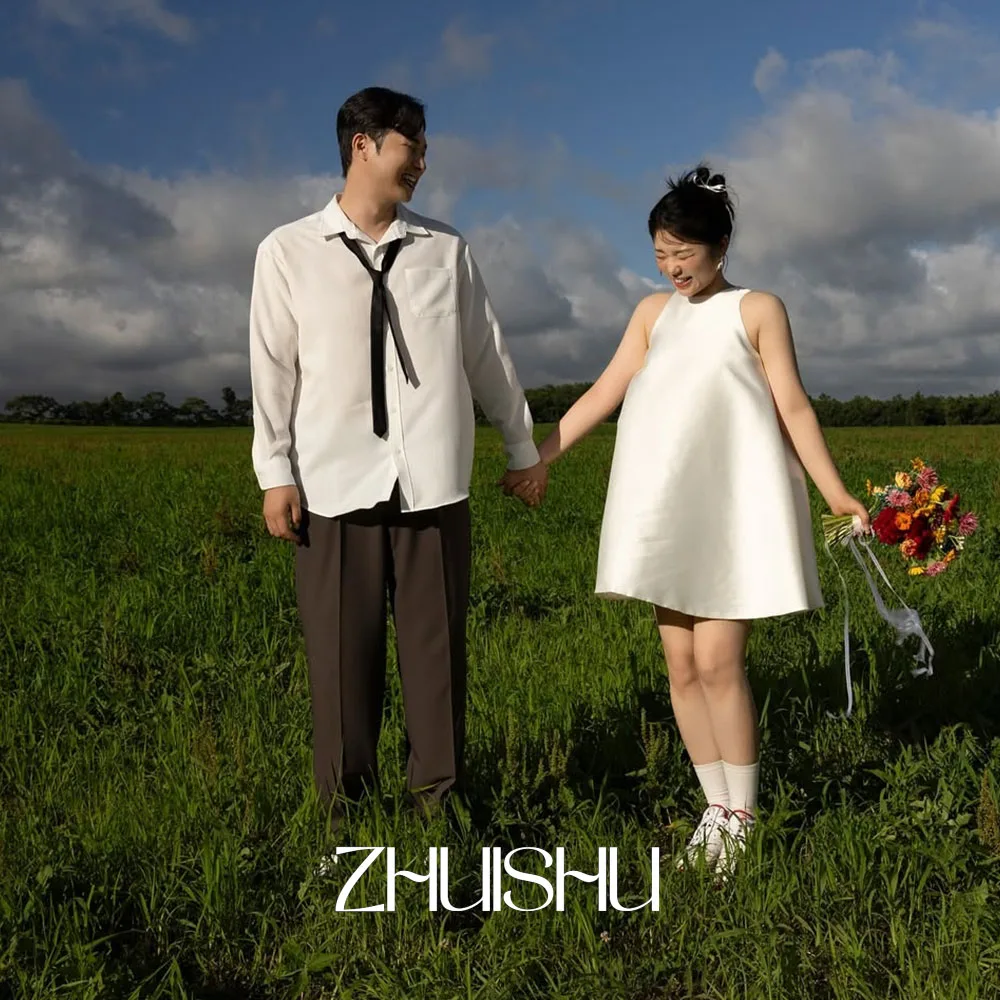 ZHUISHU Simple Mini Korean Mini Wedding Dresses Satin Sleeveless Short Bridal Gown Customized A Line Photo Shoot Gown Outdoor
