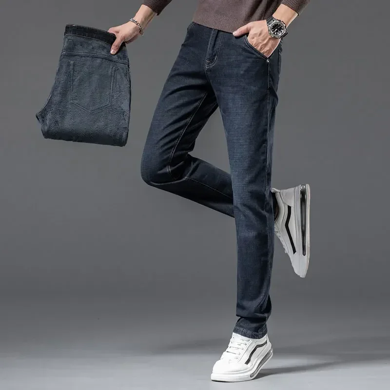 겨울 신상 브랜드 클래식 비즈니스웨어 남성 데님 블랙 블루 진 플리스 두꺼운 따뜻한 핏 스트레이트 하이웨이스트 스트레치 바지