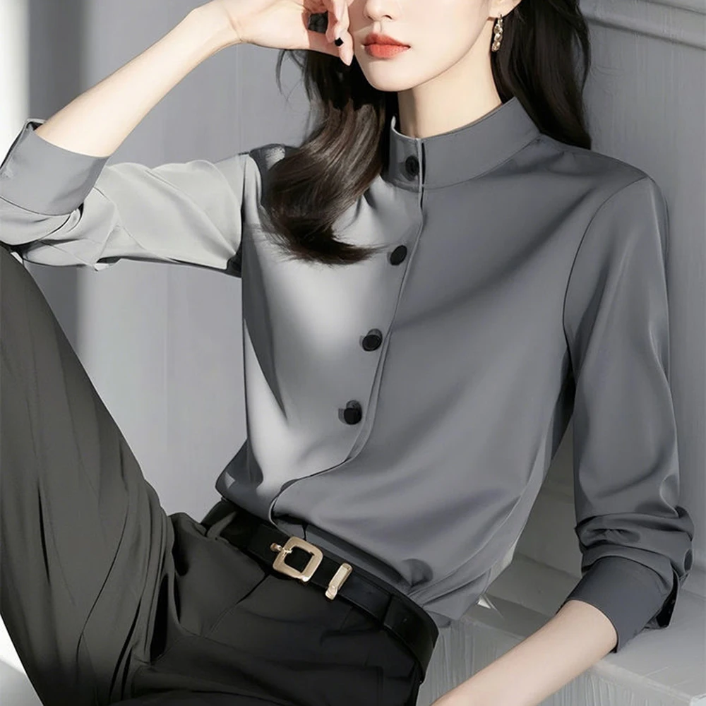 French style gray stand up collar shirt for women in early spring 2025, new fashionable commuting and leisure style