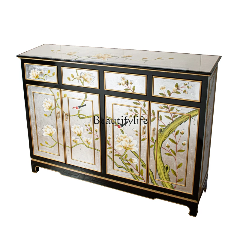

New Chinese-style ultra-thin household entrance solid wood against the wall shoe cabinet entrance cabinet integrated