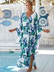 2024 letnia sukienka plażowa w stylu Boho z nadrukiem Plus Size rękaw w kształcie skrzydła nietoperza dekoltem w serek Oversize odzież damska Kaftan Q1297