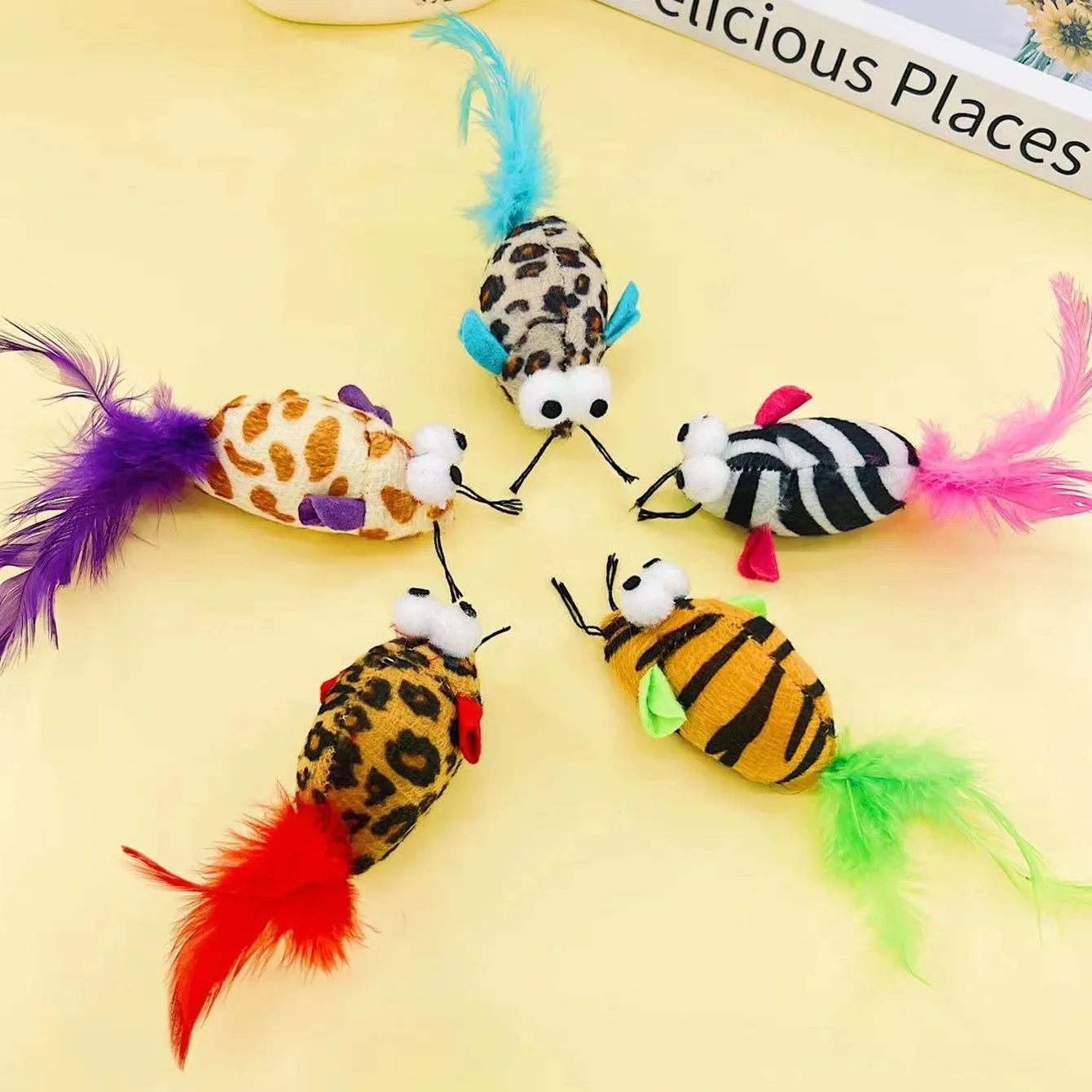 Simulated Colorful Striped Feather Tail Toy with Big Eyes Mice Containing Catnip Plush Mice Cat interactive toys