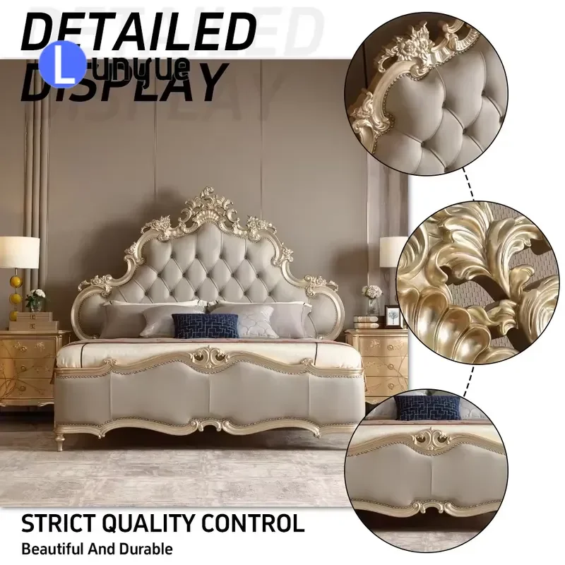 Custom French Luxury Classic Hand Carved Wooden Bed King Size Bedroom Furniture Home Decor Elegant Design Durable Solid Wood