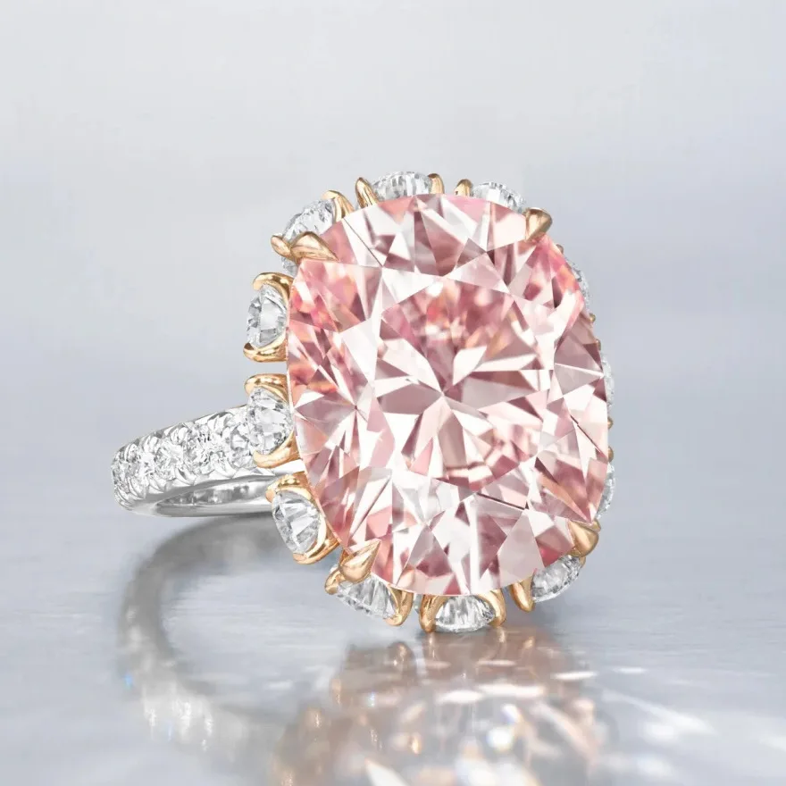 

Artificial pink diamond ice flower cut ring, cushion-shaped pale yellow pigeon egg high-carbon diamond for women