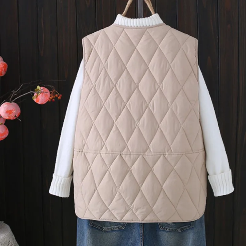 2022 Autumn Padded Vest Jacket Plus Size Women Clothing Loose Fit Argyle Parkas Casual Fashion Sleeveless Coat