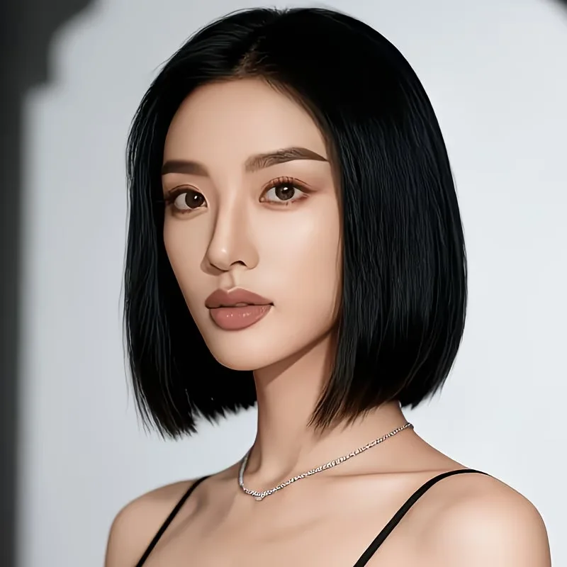 Natural black middle-parted shoulder-length bob wig Simulated middle parting with matte, smooth, non-reflective, breathable inne