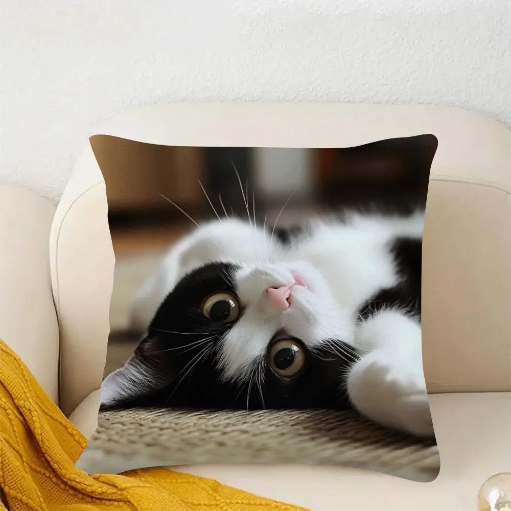 Funny Black White Cat Pillow Case, Cute Kitten Cushion Cover, Realistic Pet Art Home Decor for Sofa Bedroom Living Room Gift