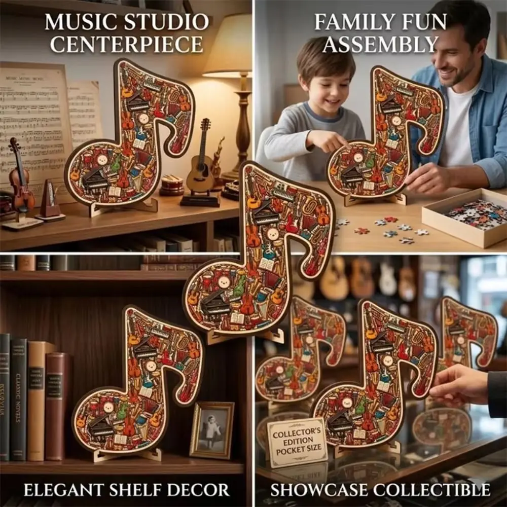 Wooden Material Musical Instrument Puzzle Ornament Irregular Shape Musical Note Shaped Music Note Puzzle With Display Stand