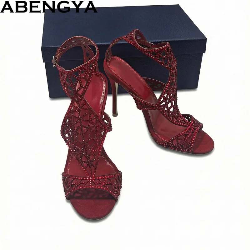 

Runway Thin Heels Modern Sandals Women Summer Crystal Hollow Out Party Shoes Diamond Ankle Strap Sexy High Heel Sandalias Mujer