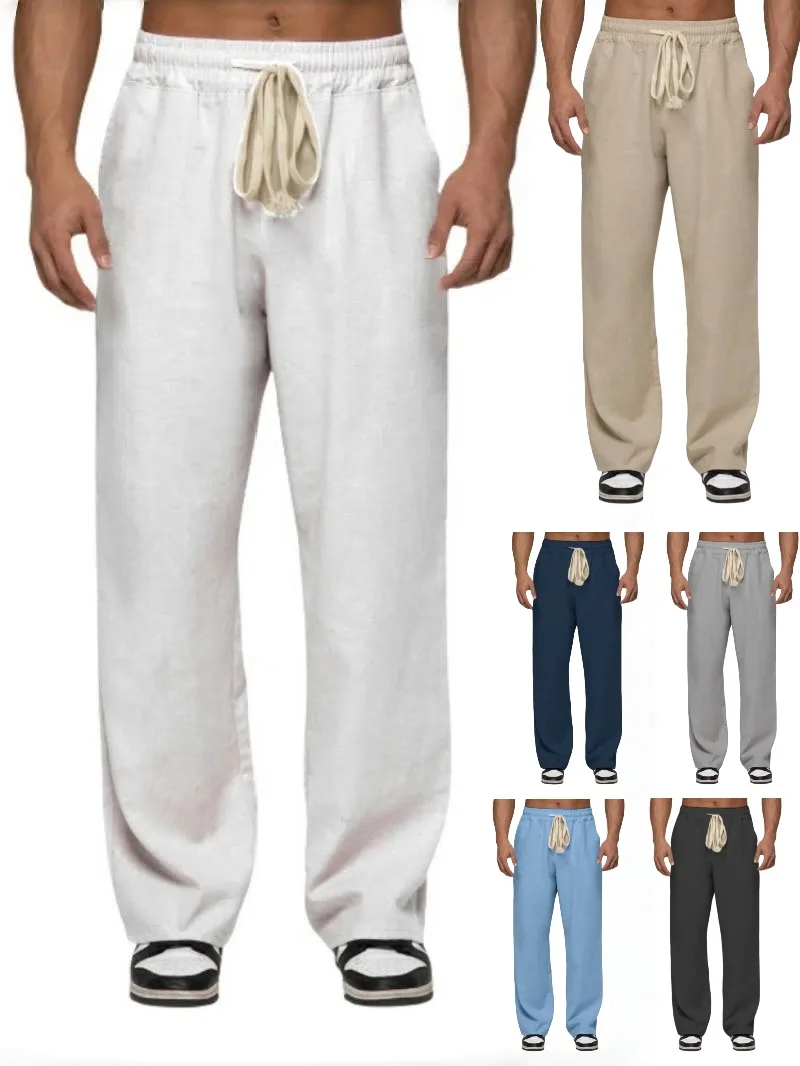 Summer men's style cotton and linen straight, breathable and loose casual pants, solid color elastic waist drawstring sweatpants