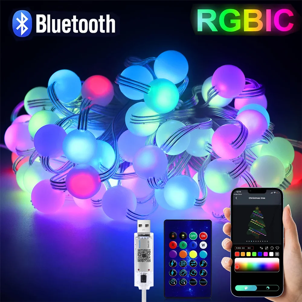 USB Bluetooth RGBIC Fairy Light 10M 50LED Christmas Light String with APP Remote Control Christmas Tree Wreath Decoration