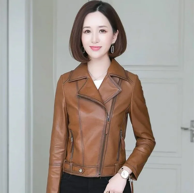 2024 New Women Leather Jacket Spring Autumn Fashion Suit Collar Slim Biker Leather Outerwear PU Streetwear Tops