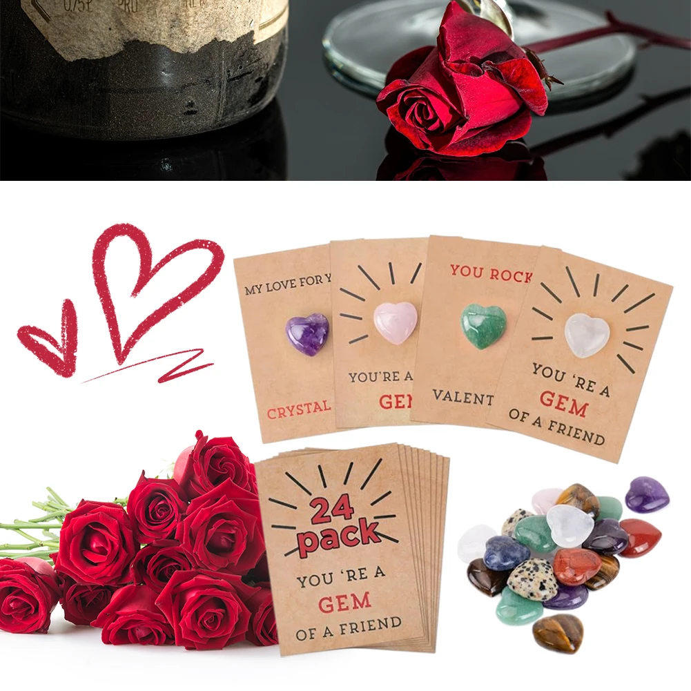 การ์ดวันวาเลนไทน์12/24แพ็คพร้อมหินรูปหัวใจบัตรวาเลนไทน์สำหรับชั้นเรียนเด็กหญิงเด็กชายห้องเรียนโรงเรียน