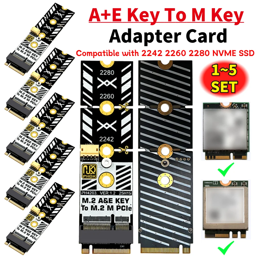 

Комплект из 5 адаптеров M2 A+E Key to M Key для SSD-накопителей, включая инструменты, адаптер для Wi-Fi-карты M.2, совместимый с NVMe, для SSD-накопителей 2242, 2260, 2280.