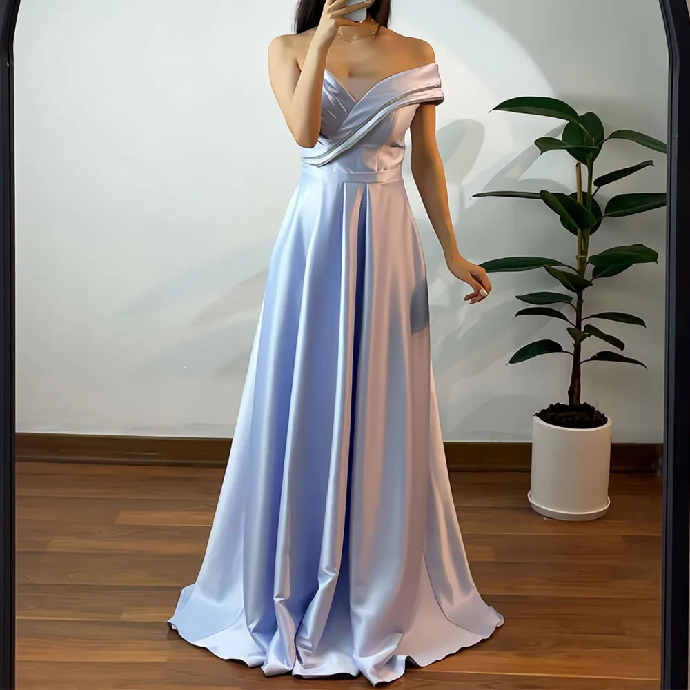 

Elegant and Classic A-Line V-Neck Off the Shoulder Evening Dress Floor Length Sleeveless Homecoming Gowns Zipper Back