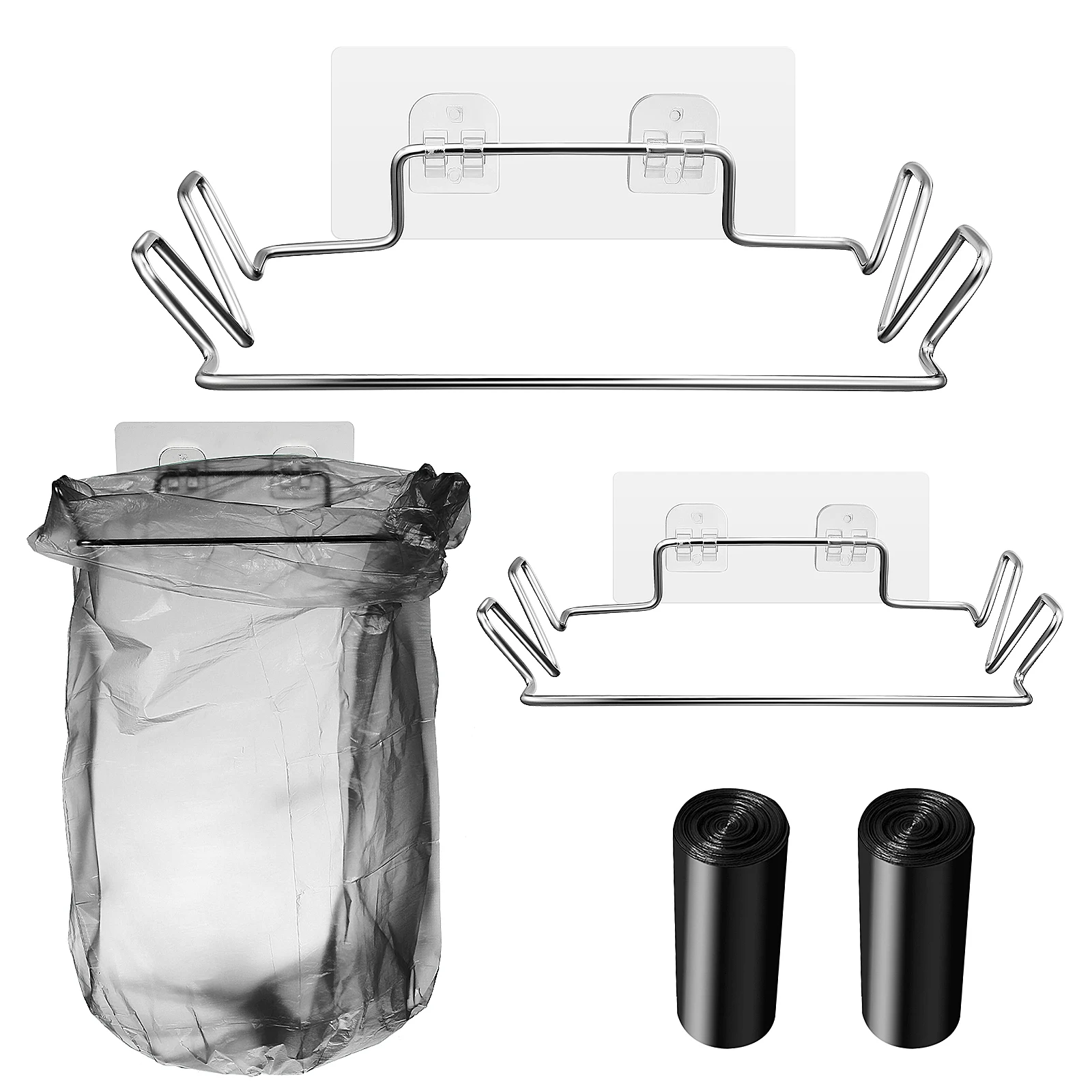 

1 set Trash Rack Stainless Steel Garbage Bag Holder Kitchen Cabinet Door Hanger Portable Reusable Storage Organizer
