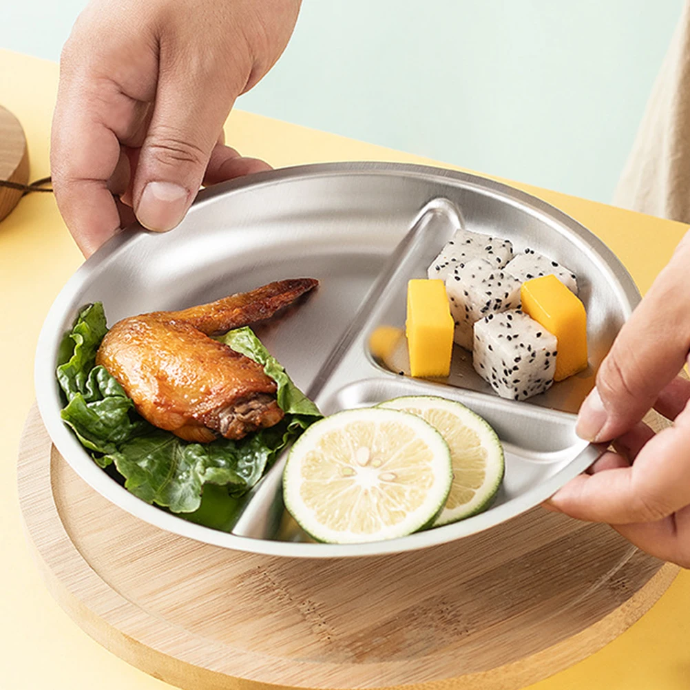 

Stainless Steel Round Divided Plate Kids Students 3 Compartments Camping Picnic Home Restaurant Hotel Food Serving Snack Plates