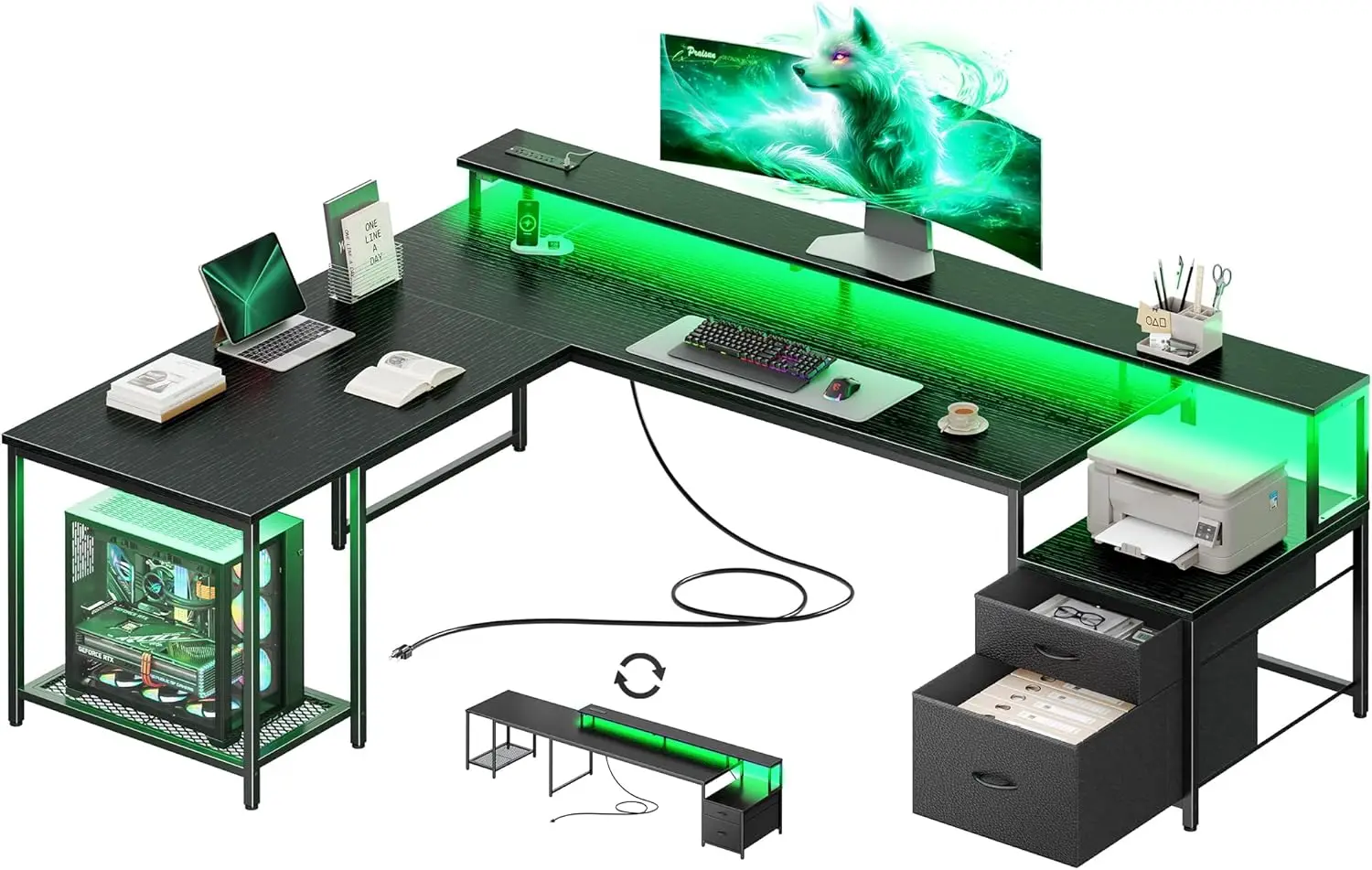 

66 Inch L Shaped Computer Desk with Power Outlets and LED Lights, Home Office Desk with Fabric Drawers and Print Stand, L Shape
