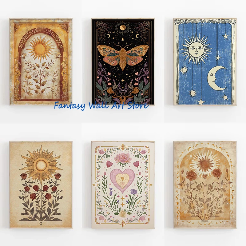 Sun and Rose Tarot Card Mystical Moth Celestial Whimsical Floral Heart Inspired Poster Canvas Painting Wall Pictures Home Decor