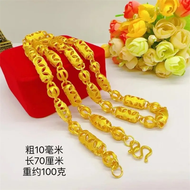 Mylux Jewelry Men's boutique 9999 24K real gold hollow M-buckle men's necklace cylindrical necklace hollow lantern style gold je