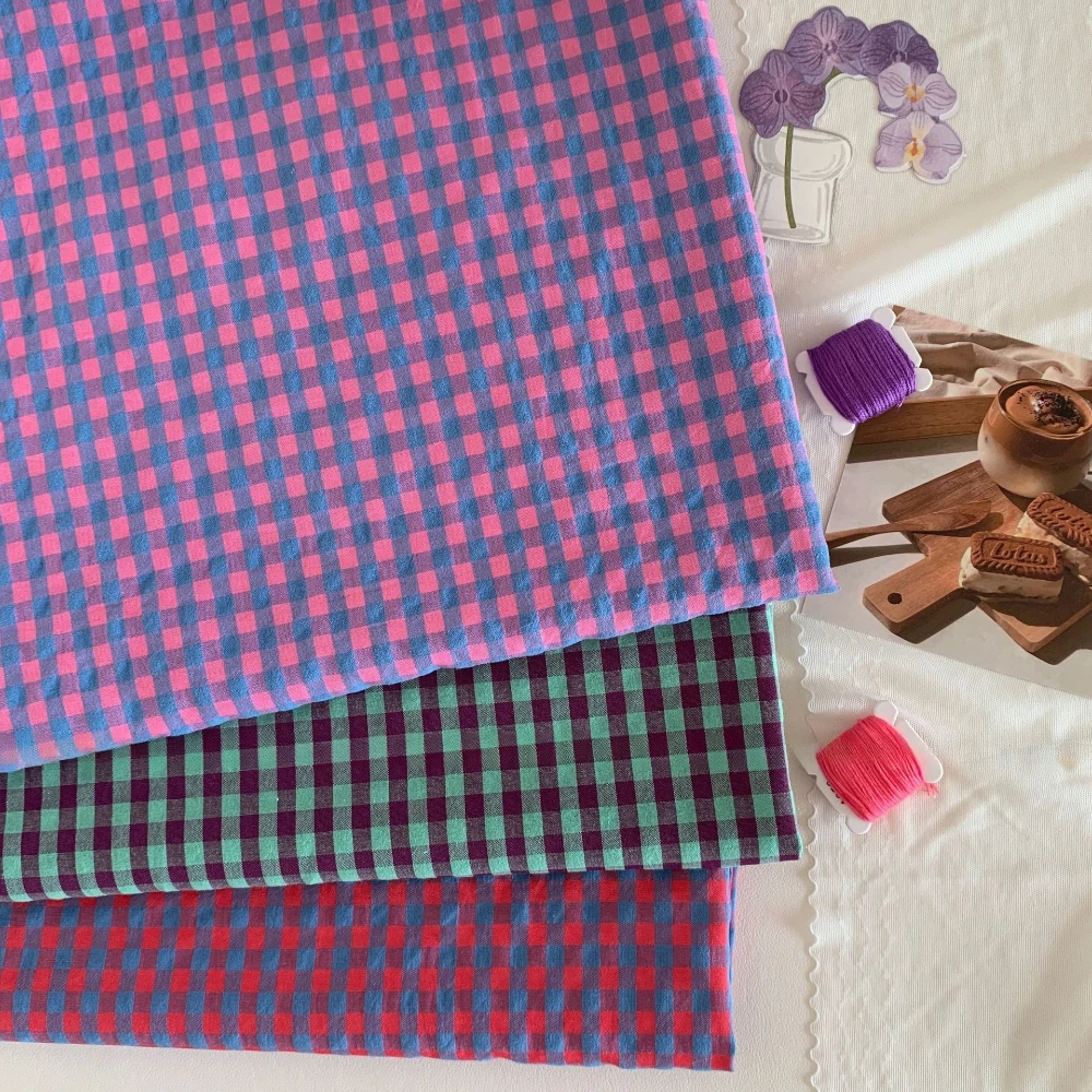140x50cm Purple Green Small Checkered Cotton Sewing Fabric INS Style 0.6cm Lattice for DIY Handmade Bags Hair Ties Cloth