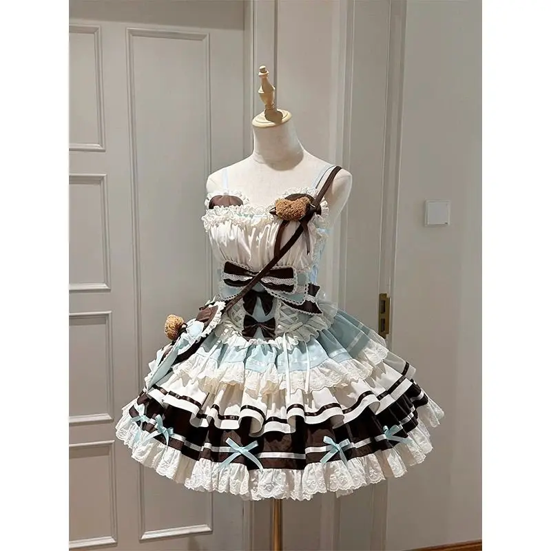 Japanese Sweet Lolita Strap Mini Dress Bear Decor Multi Bow Lace Ruffle Tiered Layer Skirt Kawaii Casual Streetwear Dress Women