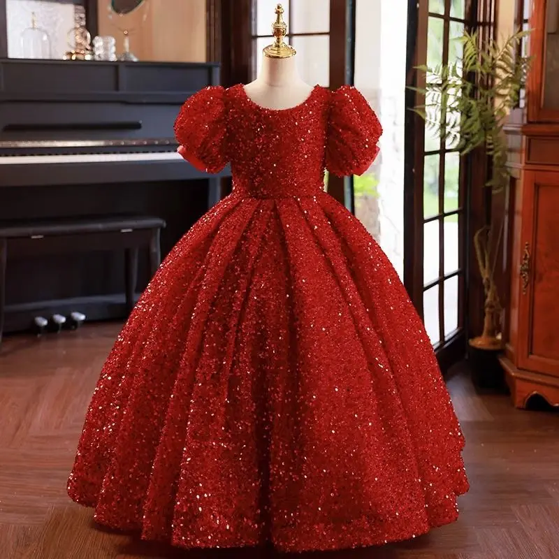 

Girls' Formal Dress Fluffy Skirt Spring Luxury Niche Runway Show Suit Red Sequins Dress Red Small Host Skirt Performance Suit