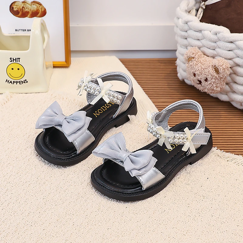 Girls Sandals Open Toes Soft Bottom Kids Beach Shoes Sweet Bows Non-slip 2026 Summer New Children Princess Shoes Casual Trendy