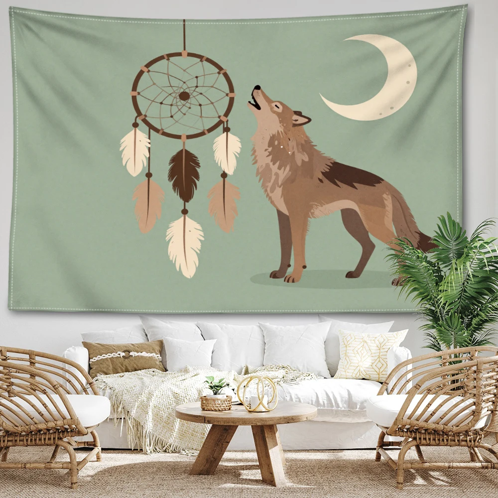 Sage Wolf Dreamcatcher Crescent Printed Tapestry Wall Hanging Bohemian Style Bedroom Home Decor