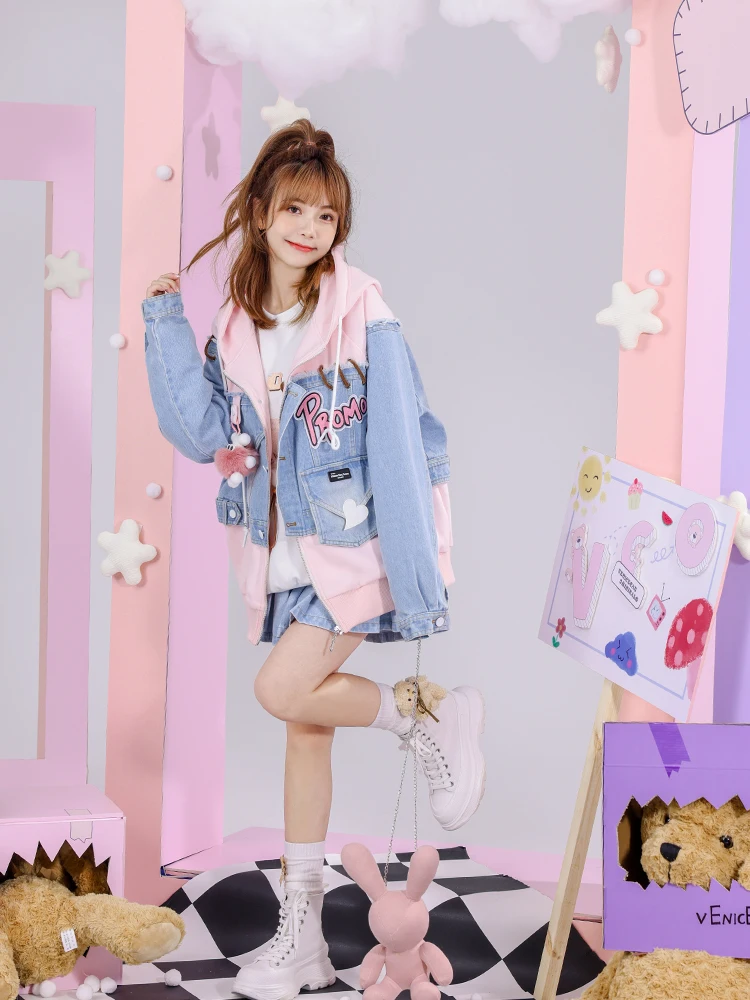 

Женская дышащая толстовка Sweet Sle с вышивкой, капюшоном, имитацией меха, в стиле пэчворк, с эффектом двухслойности, на молнии, с длинными рукавами, из джинсовой ткани.