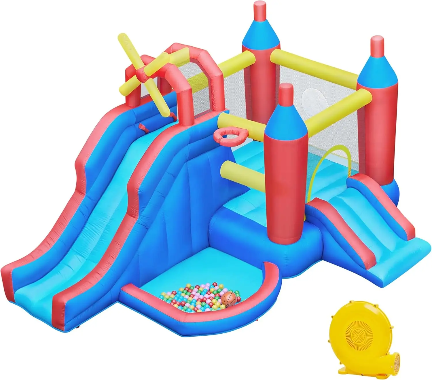 Inflatable Bounce House, 7-in-1 Bouncy Castle Combo w/Ball Pit & Bouncing Area & Slides  Basketball Game Dart Game,